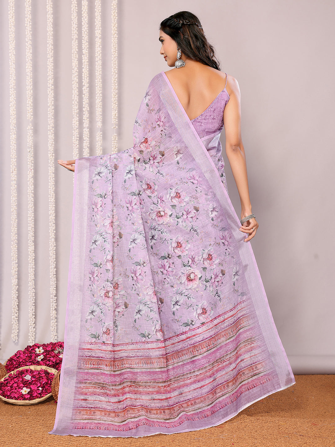 Janasya Lavender Cotton Linen Floral Printed Saree