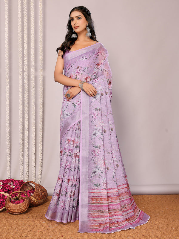 Janasya Lavender Cotton Linen Floral Printed Saree