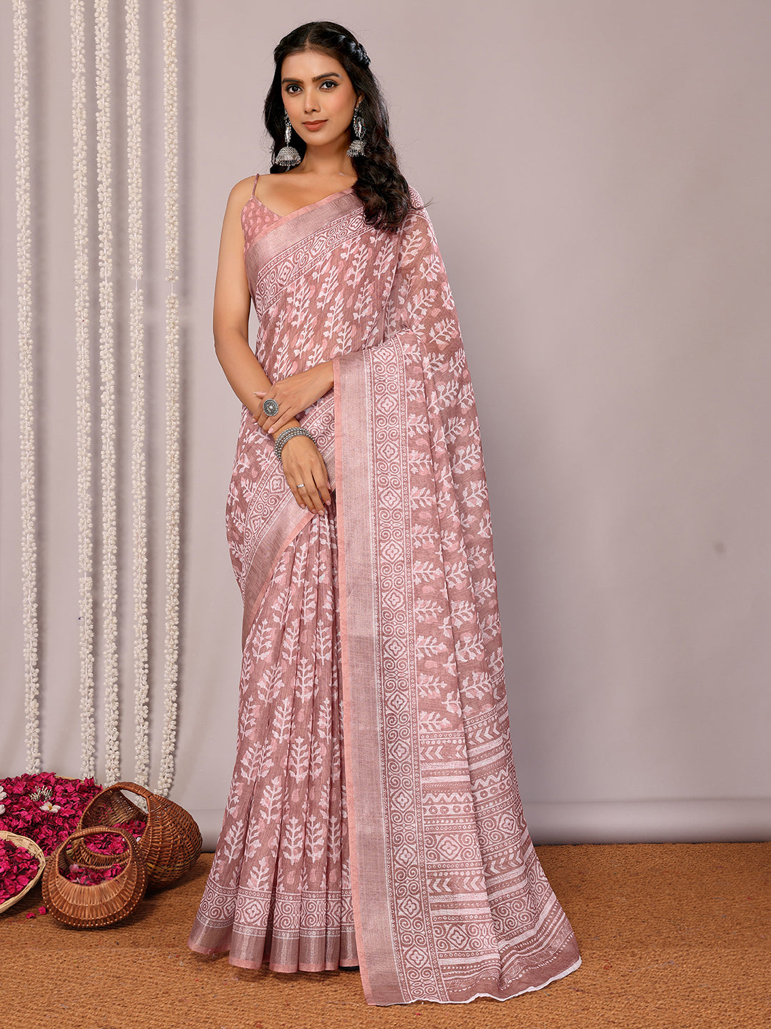 Janasya Mauve Cotton Linen Block Print Printed Saree
