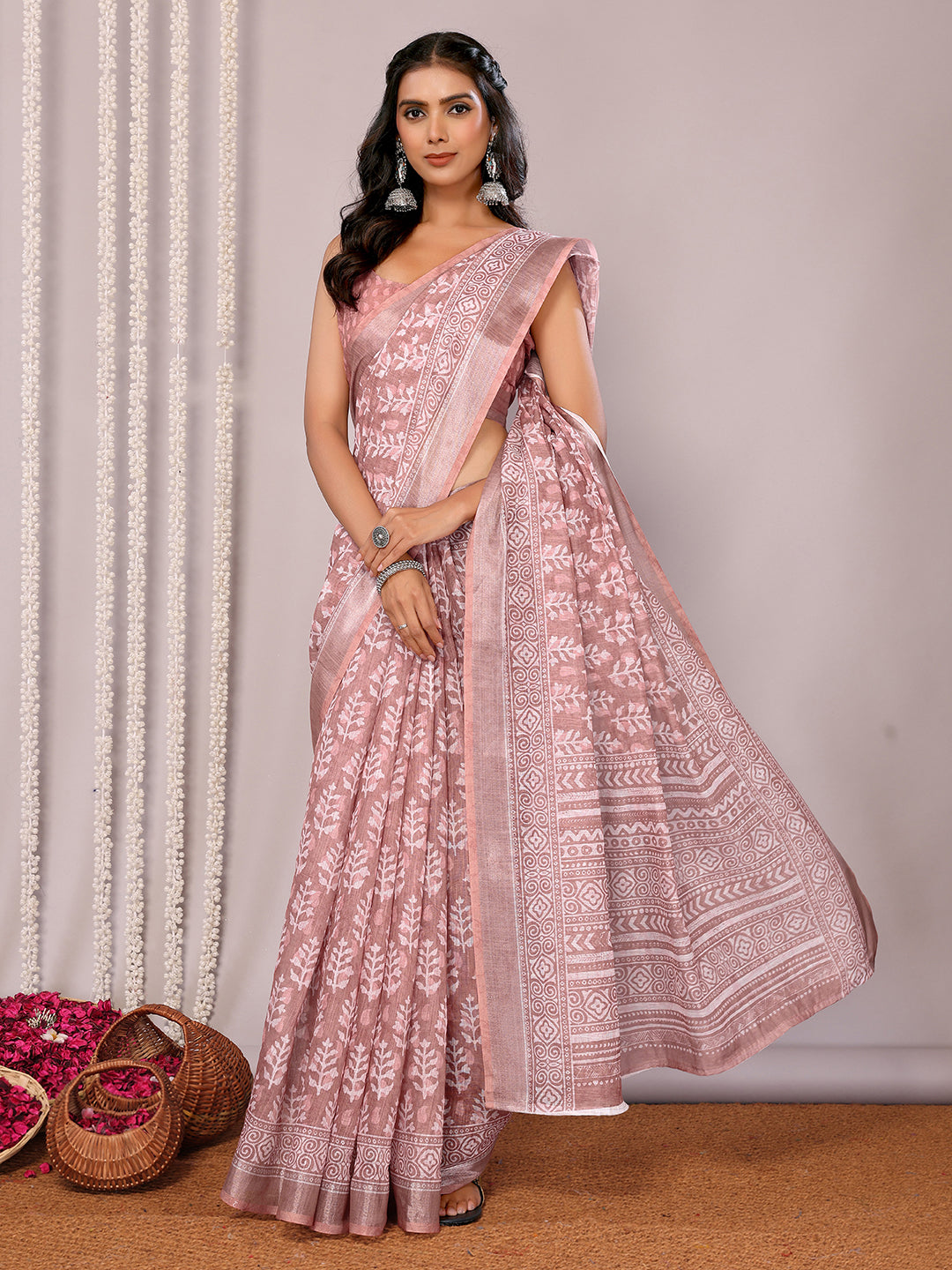 Janasya Mauve Cotton Linen Block Print Printed Saree