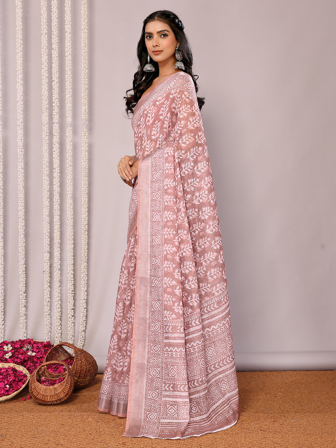 Janasya Mauve Cotton Linen Block Print Printed Saree