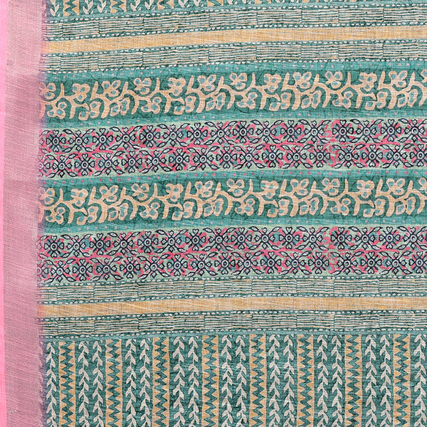 Janasya Green Cotton Linen Chevron Printed Saree - Distacart