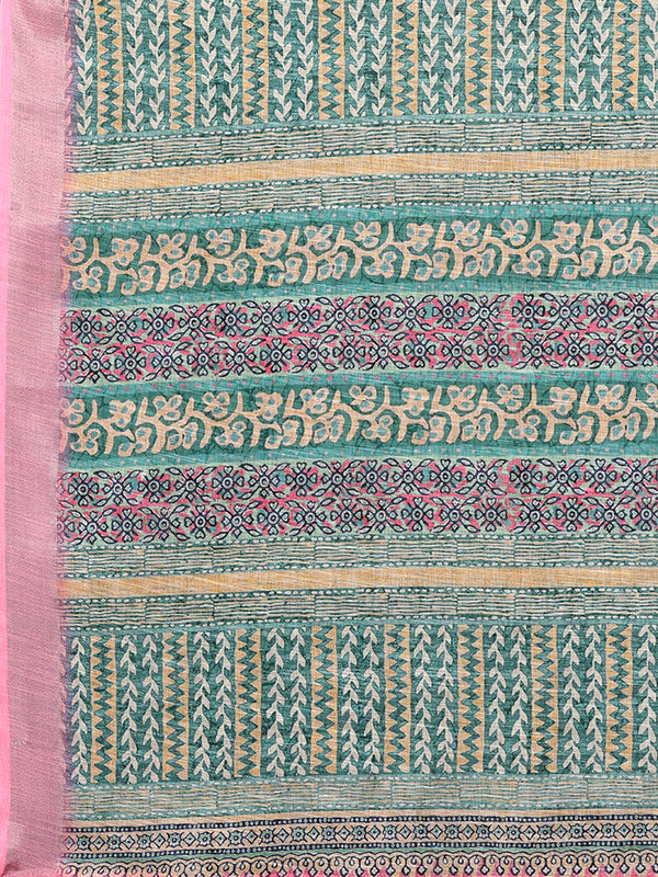 Janasya Green Cotton Linen Chevron Printed Saree
