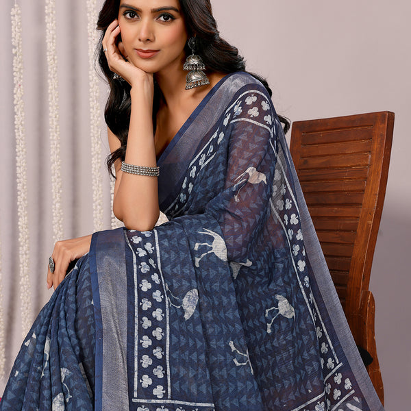 Janasya Navy Blue Cotton Linen Geometric Printed Saree - Distacart