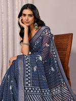 Thumbnail for Janasya Navy Blue Cotton Linen Geometric Printed Saree