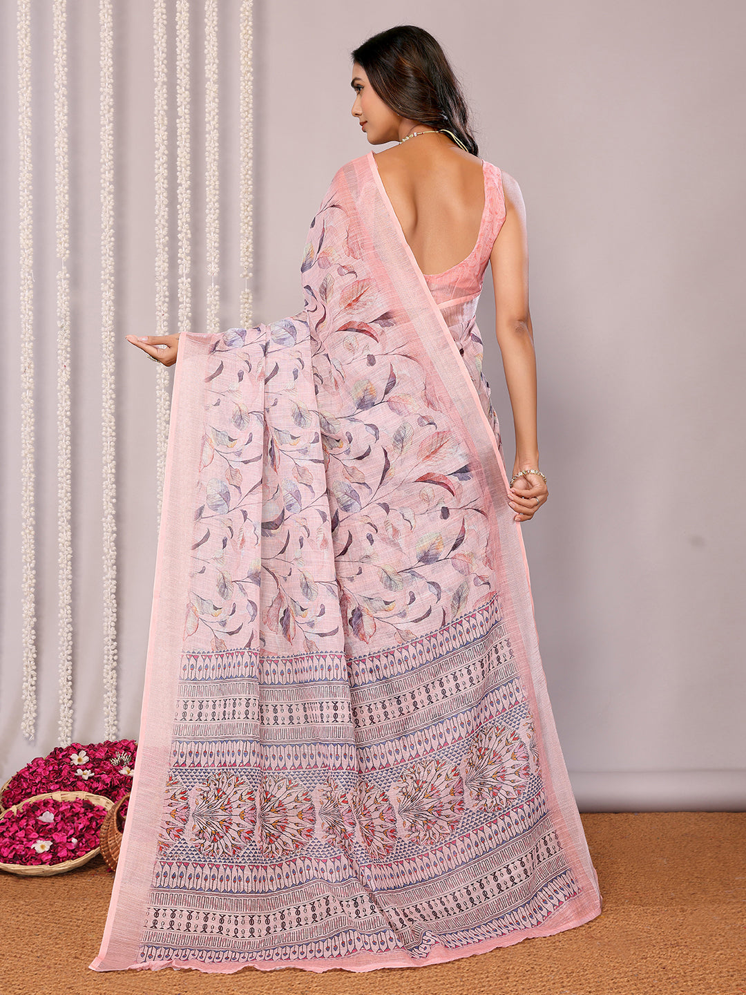 Janasya Light Pink Cotton Linen Floral Printed Saree