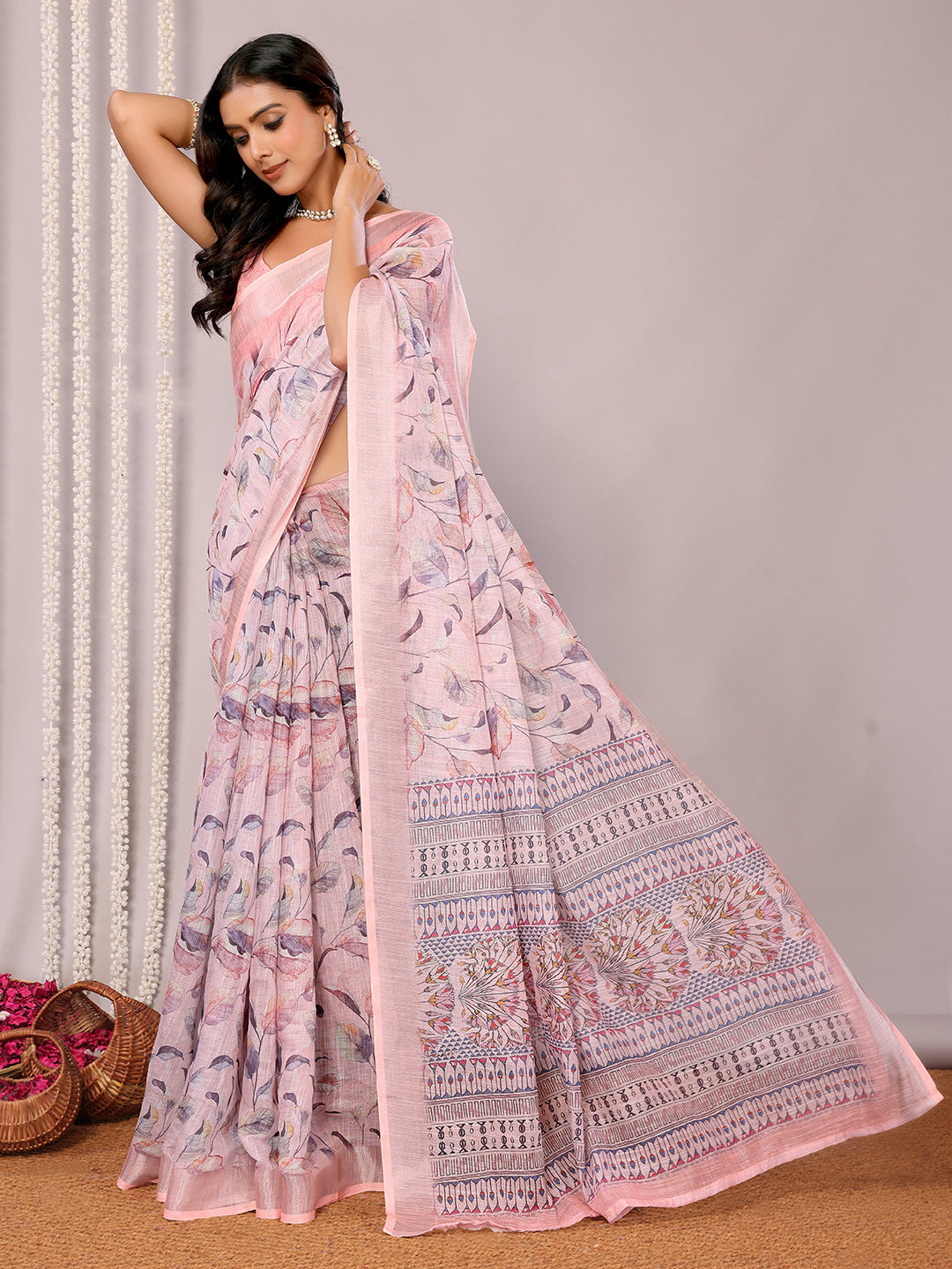 Janasya Light Pink Cotton Linen Floral Printed Saree