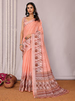 Thumbnail for Janasya Peach Cotton Linen Ikkat Printed Saree