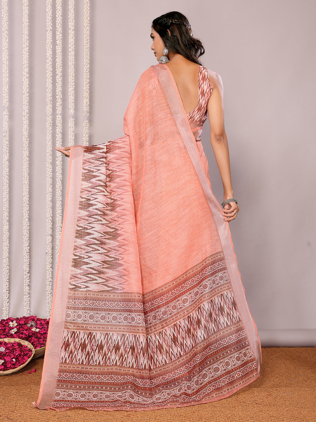 Janasya Peach Cotton Linen Ikkat Printed Saree
