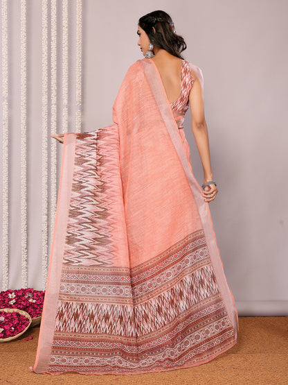 Janasya Peach Cotton Linen Ikkat Printed Saree - Distacart
