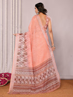 Thumbnail for Janasya Peach Cotton Linen Ikkat Printed Saree