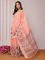 Thumbnail for Janasya Peach Cotton Linen Ikkat Printed Saree