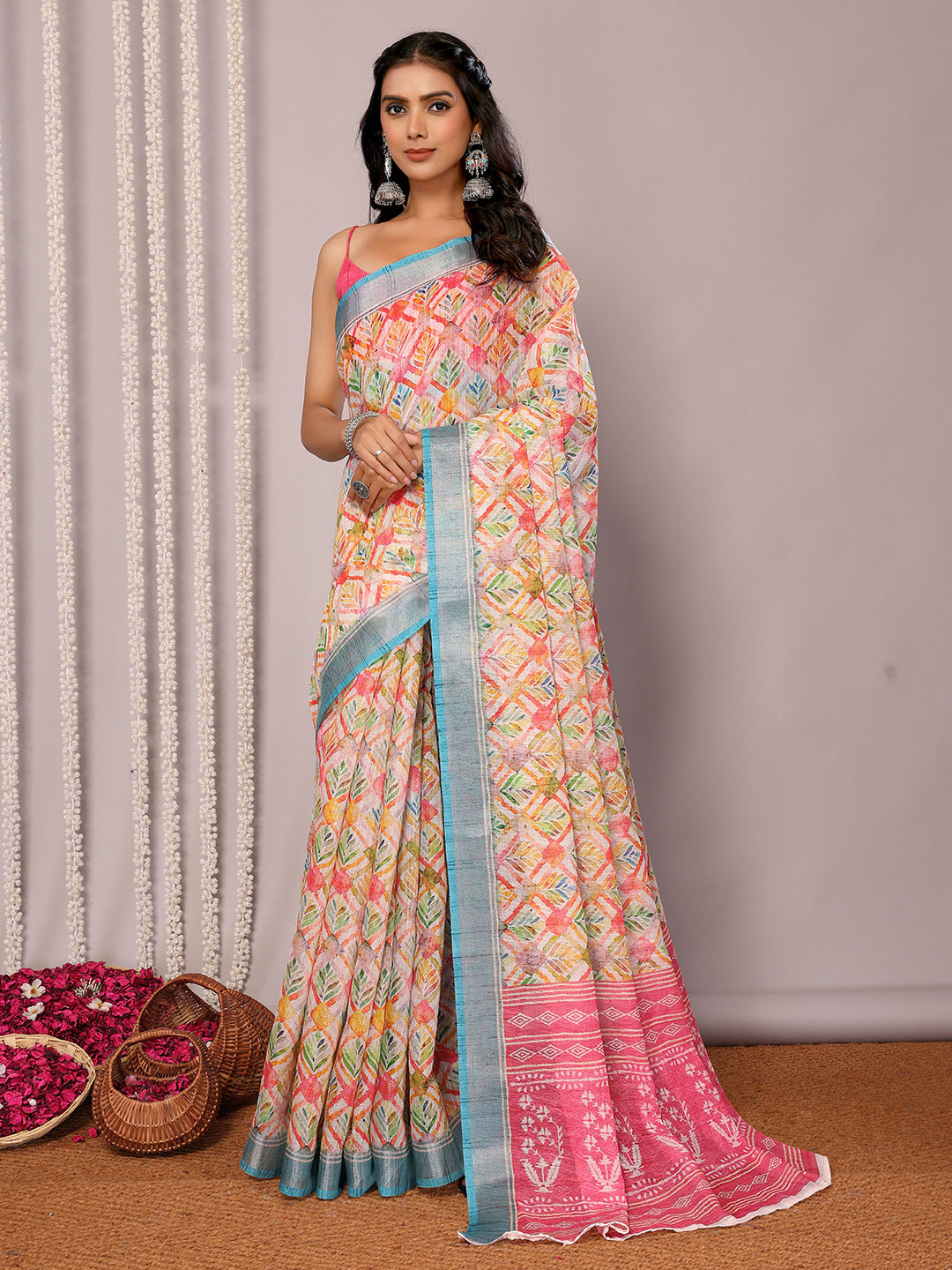 Janasya Multicolor Cotton Linen Floral Printed Saree