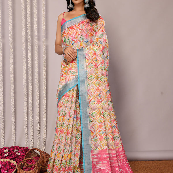 Janasya Multicolor Cotton Linen Floral Printed Saree