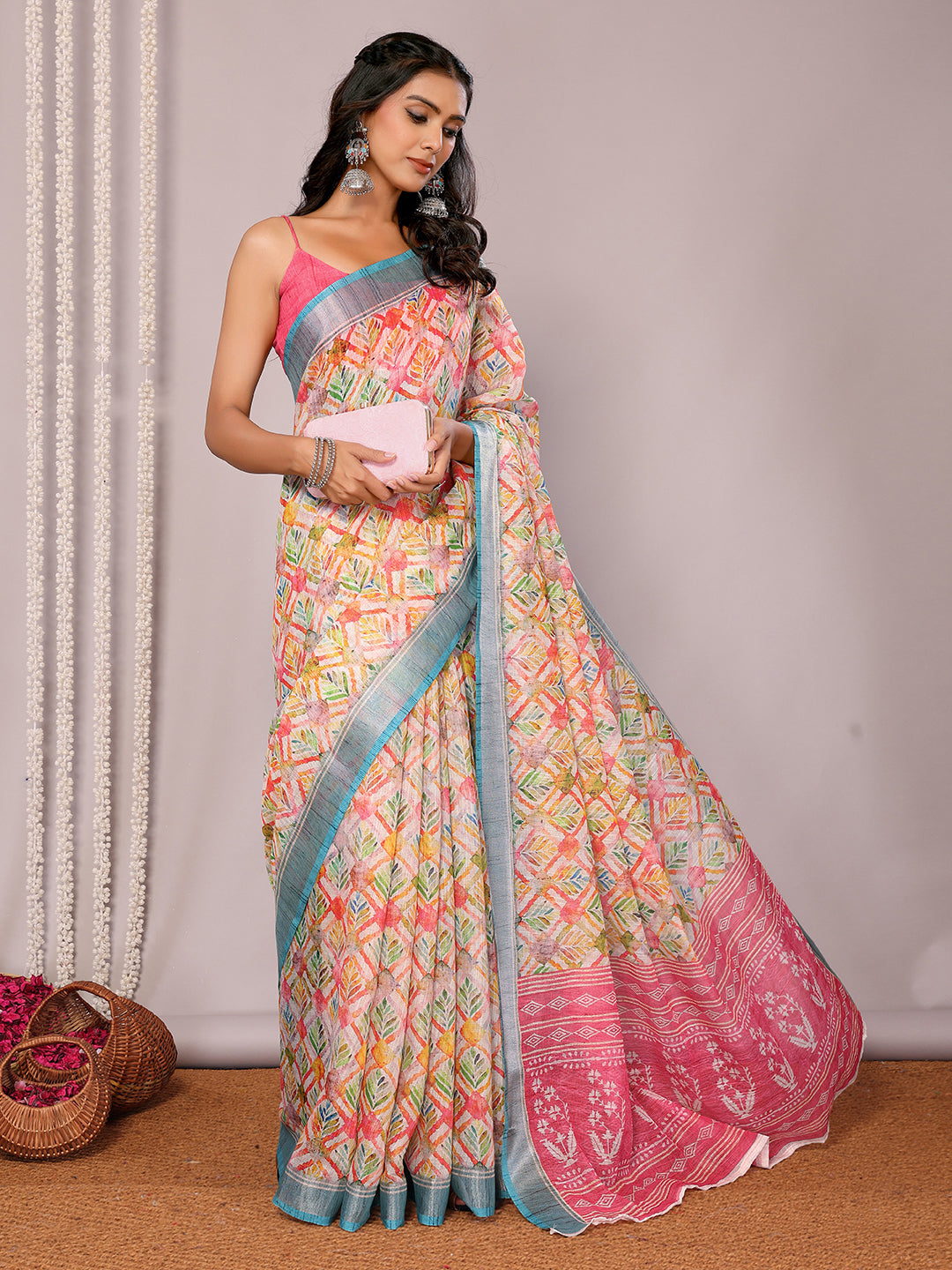 Janasya Multicolor Cotton Linen Floral Printed Saree