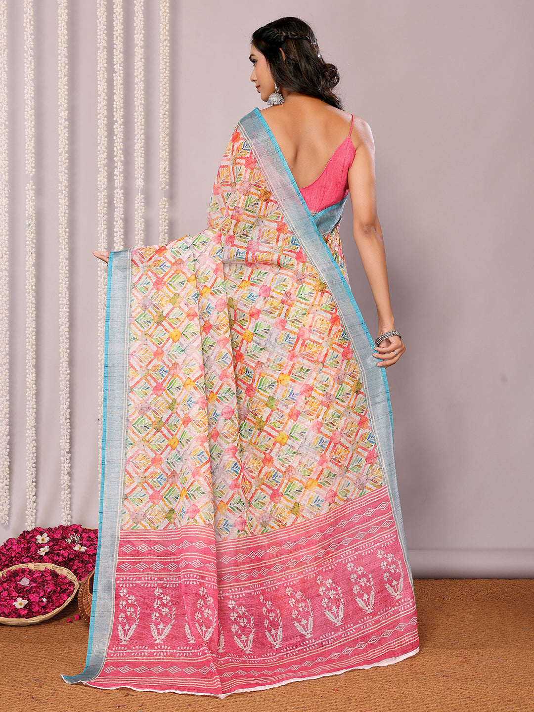 Janasya Multicolor Cotton Linen Floral Printed Saree