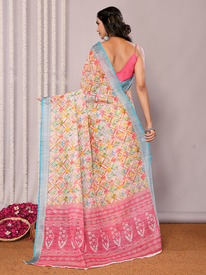 Janasya Multicolor Cotton Linen Floral Printed Saree - Distacart