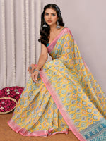 Thumbnail for Janasya Yellow Cotton Linen Ethnic Motifs Printed Saree