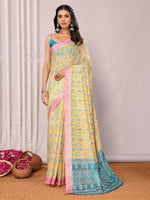 Thumbnail for Janasya Yellow Cotton Linen Ethnic Motifs Printed Saree