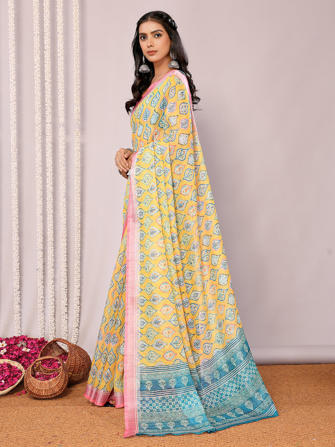 Janasya Yellow Cotton Linen Ethnic Motifs Printed Saree