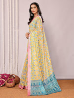 Thumbnail for Janasya Yellow Cotton Linen Ethnic Motifs Printed Saree