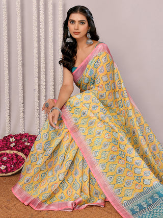 Janasya Yellow Cotton Linen Ethnic Motifs Printed Saree
