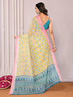 Thumbnail for Janasya Yellow Cotton Linen Ethnic Motifs Printed Saree