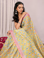 Thumbnail for Janasya Yellow Cotton Linen Ethnic Motifs Printed Saree