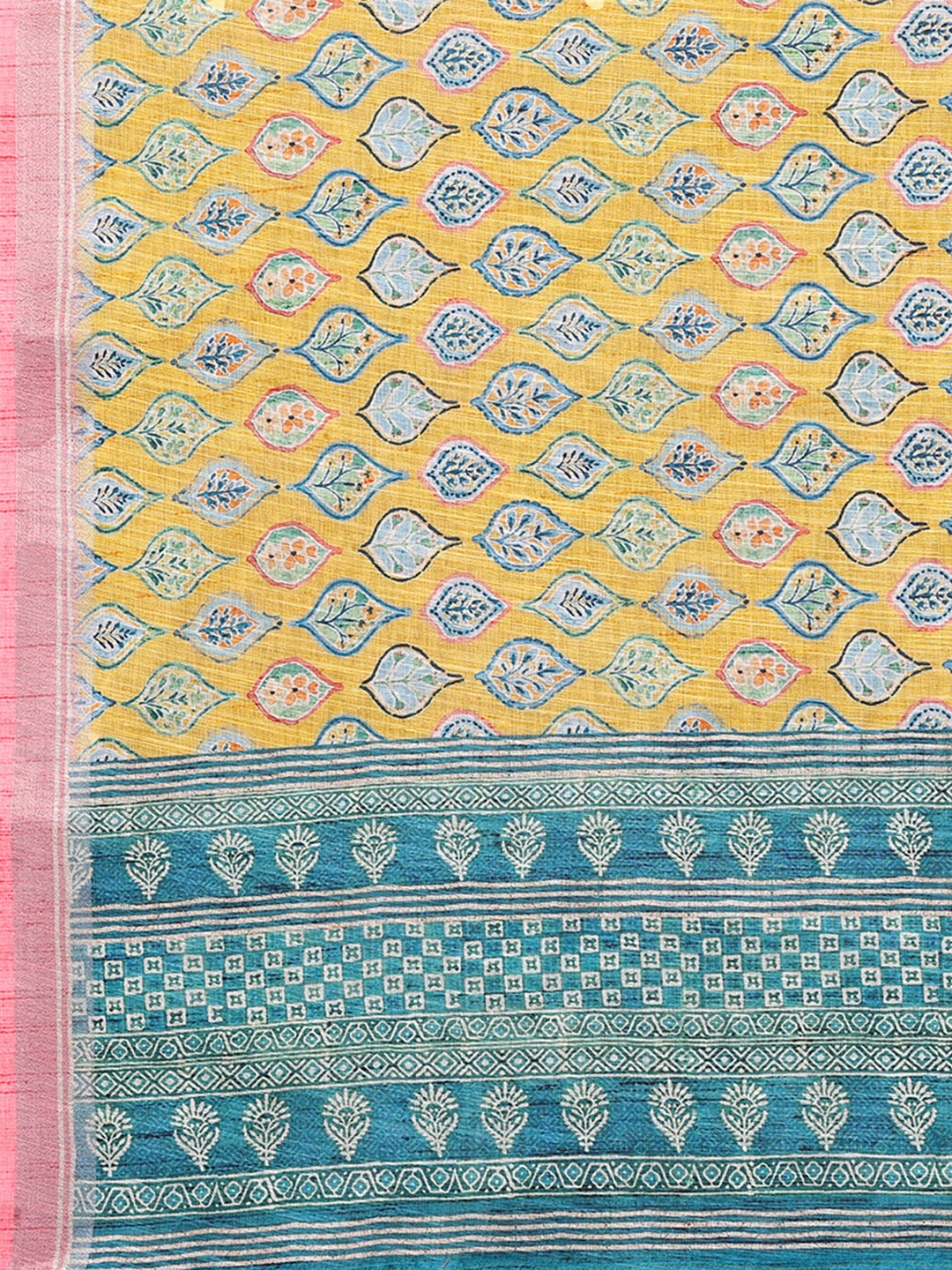 Janasya Yellow Cotton Linen Ethnic Motifs Printed Saree