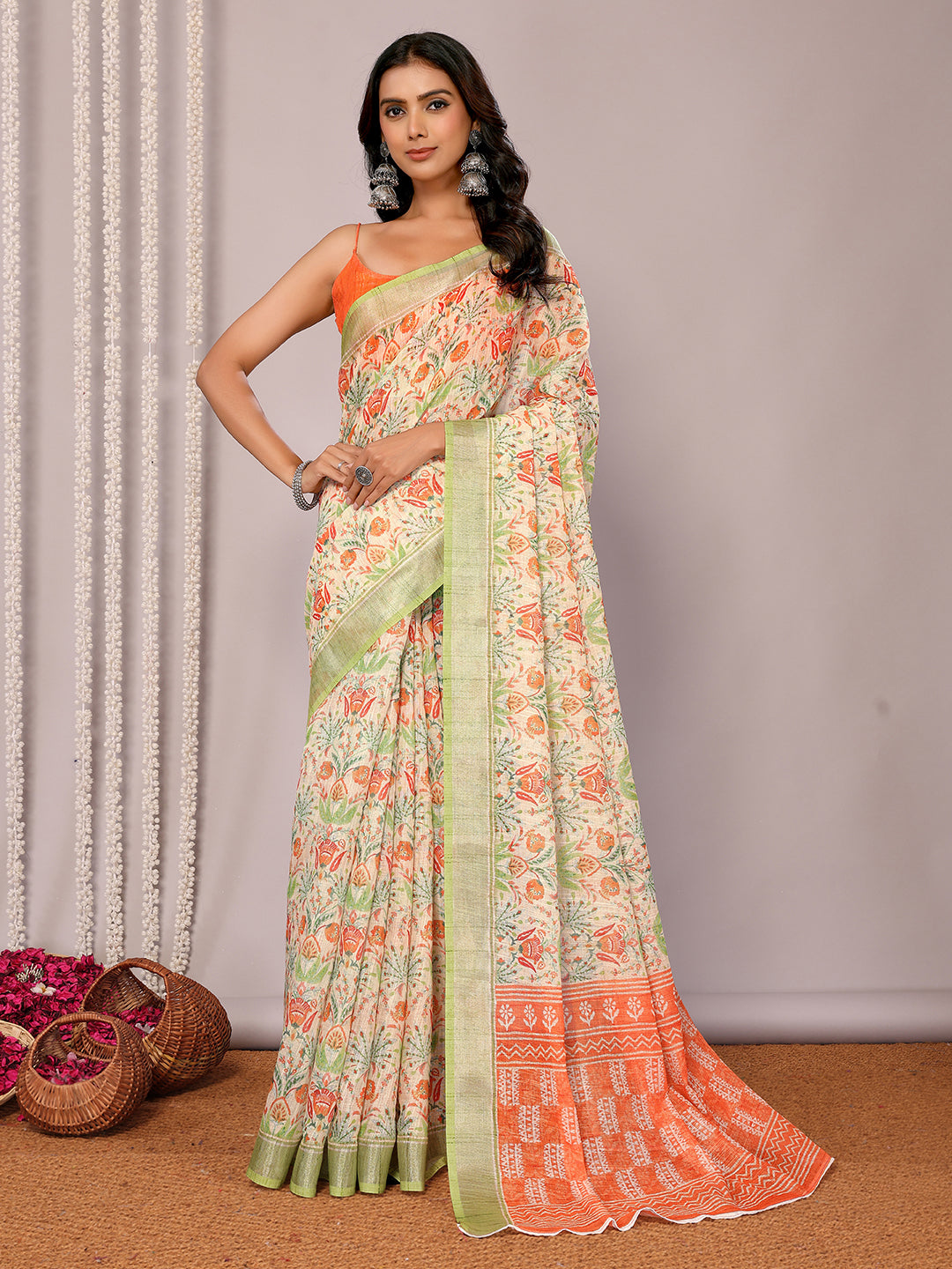 Janasya Light Green Cotton Linen Floral Printed Saree