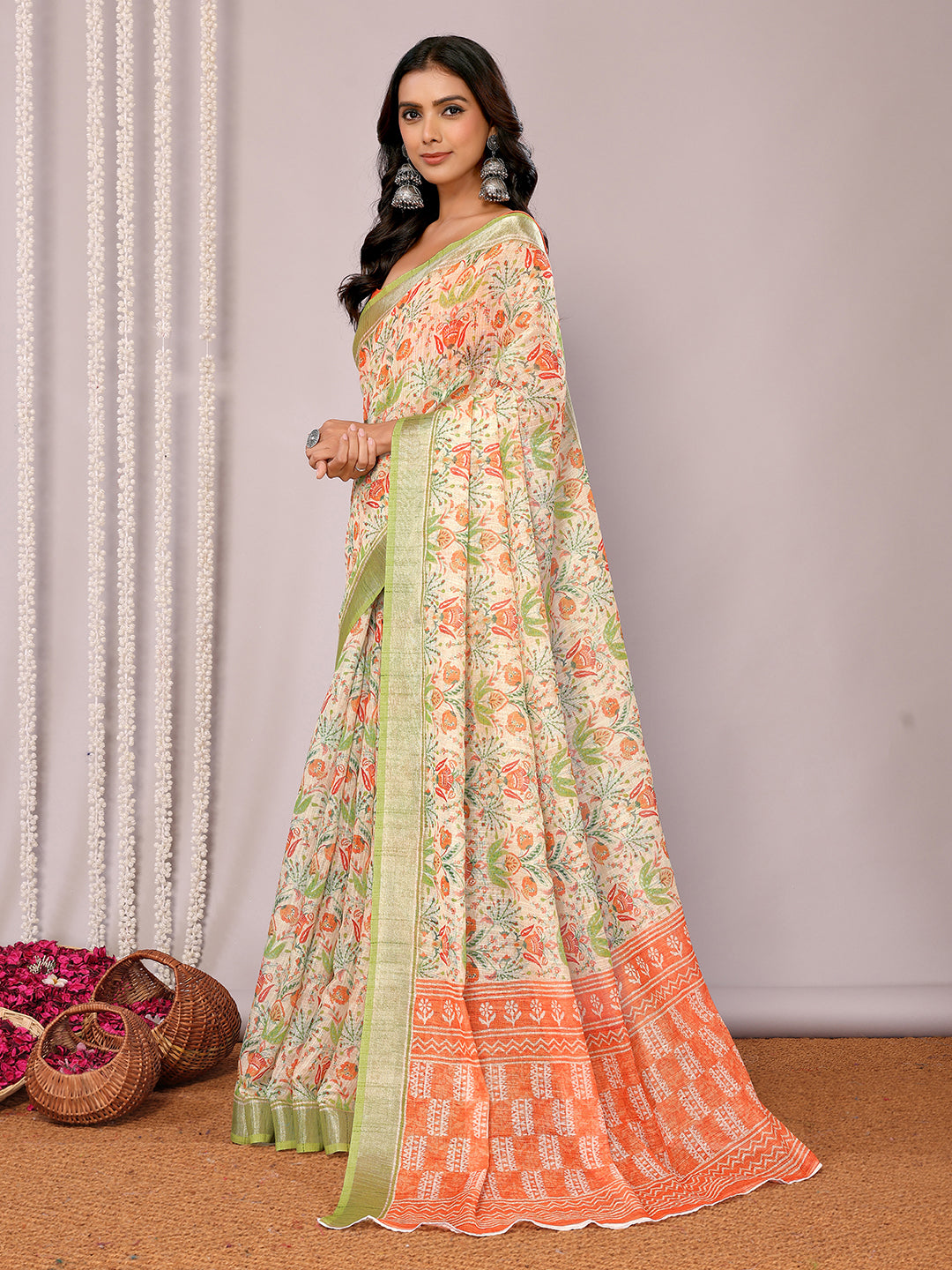 Janasya Light Green Cotton Linen Floral Printed Saree