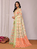 Thumbnail for Janasya Light Green Cotton Linen Floral Printed Saree