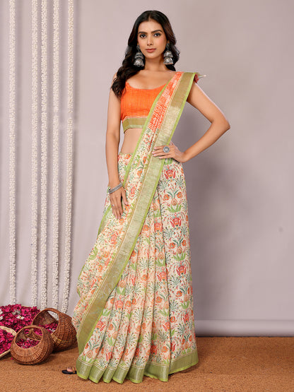 Janasya Light Green Cotton Linen Floral Printed Saree - Distacart