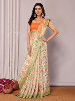 Thumbnail for Janasya Light Green Cotton Linen Floral Printed Saree