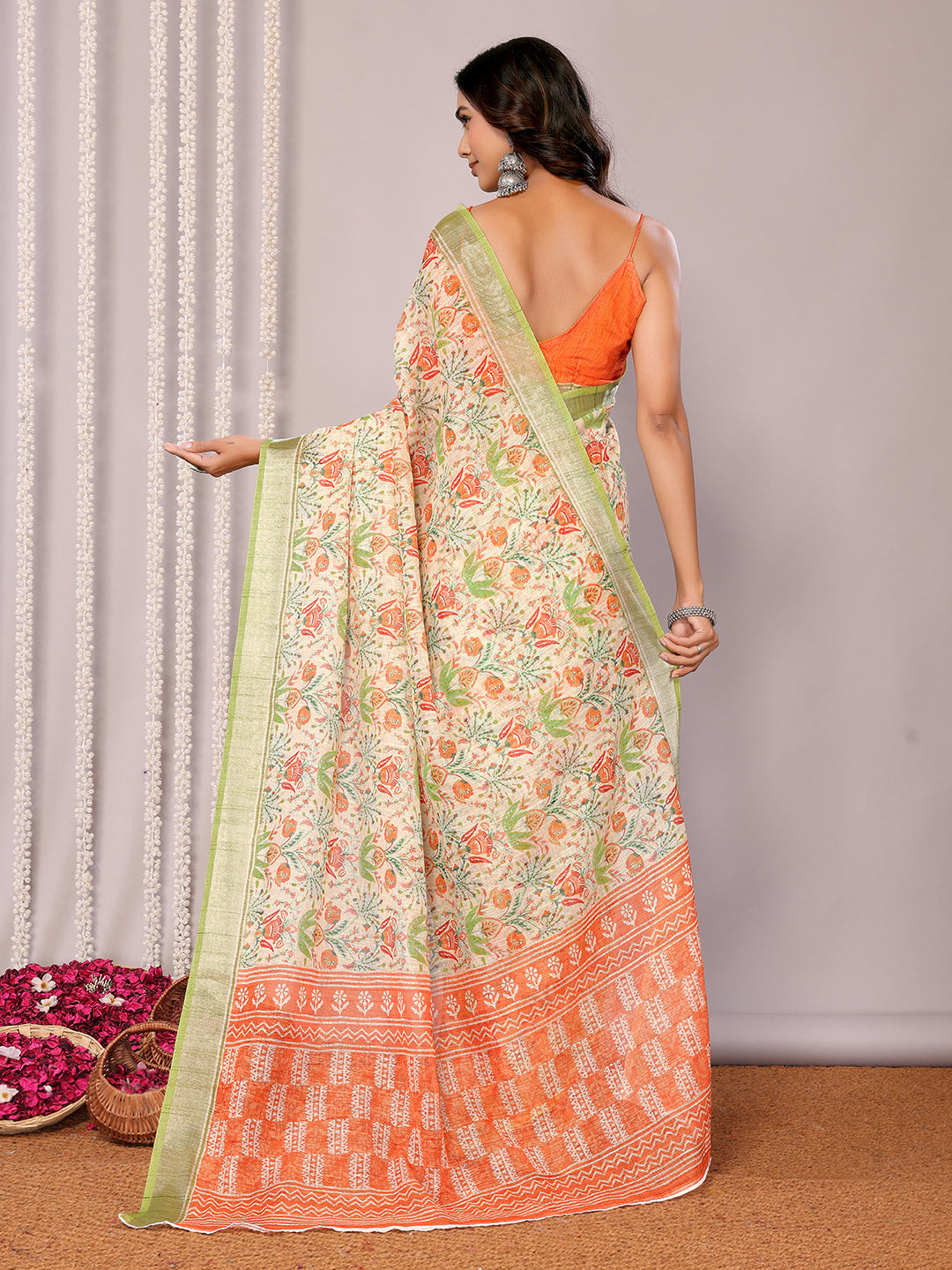 Janasya Light Green Cotton Linen Floral Printed Saree