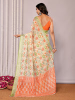 Thumbnail for Janasya Light Green Cotton Linen Floral Printed Saree
