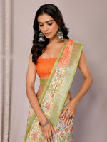 Thumbnail for Janasya Light Green Cotton Linen Floral Printed Saree
