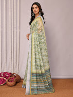 Thumbnail for Janasya Sage Green Cotton Linen Abstract Printed Saree