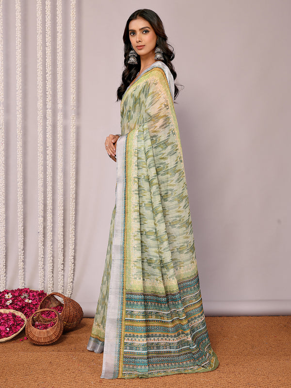 Janasya Sage Green Cotton Linen Abstract Printed Saree
