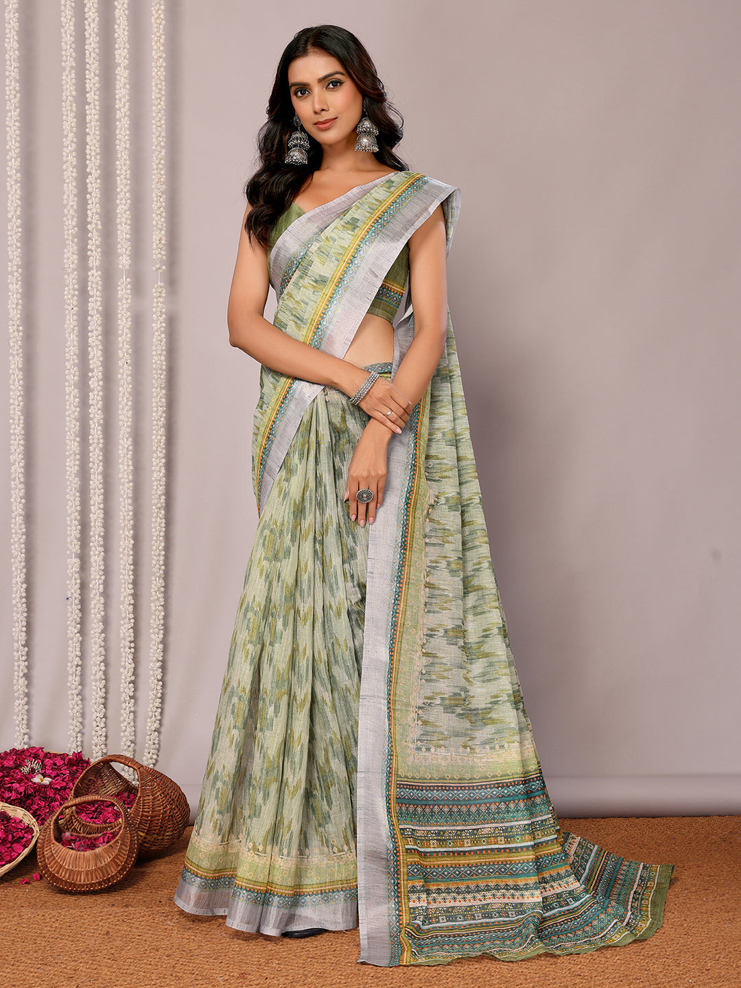 Janasya Sage Green Cotton Linen Abstract Printed Saree