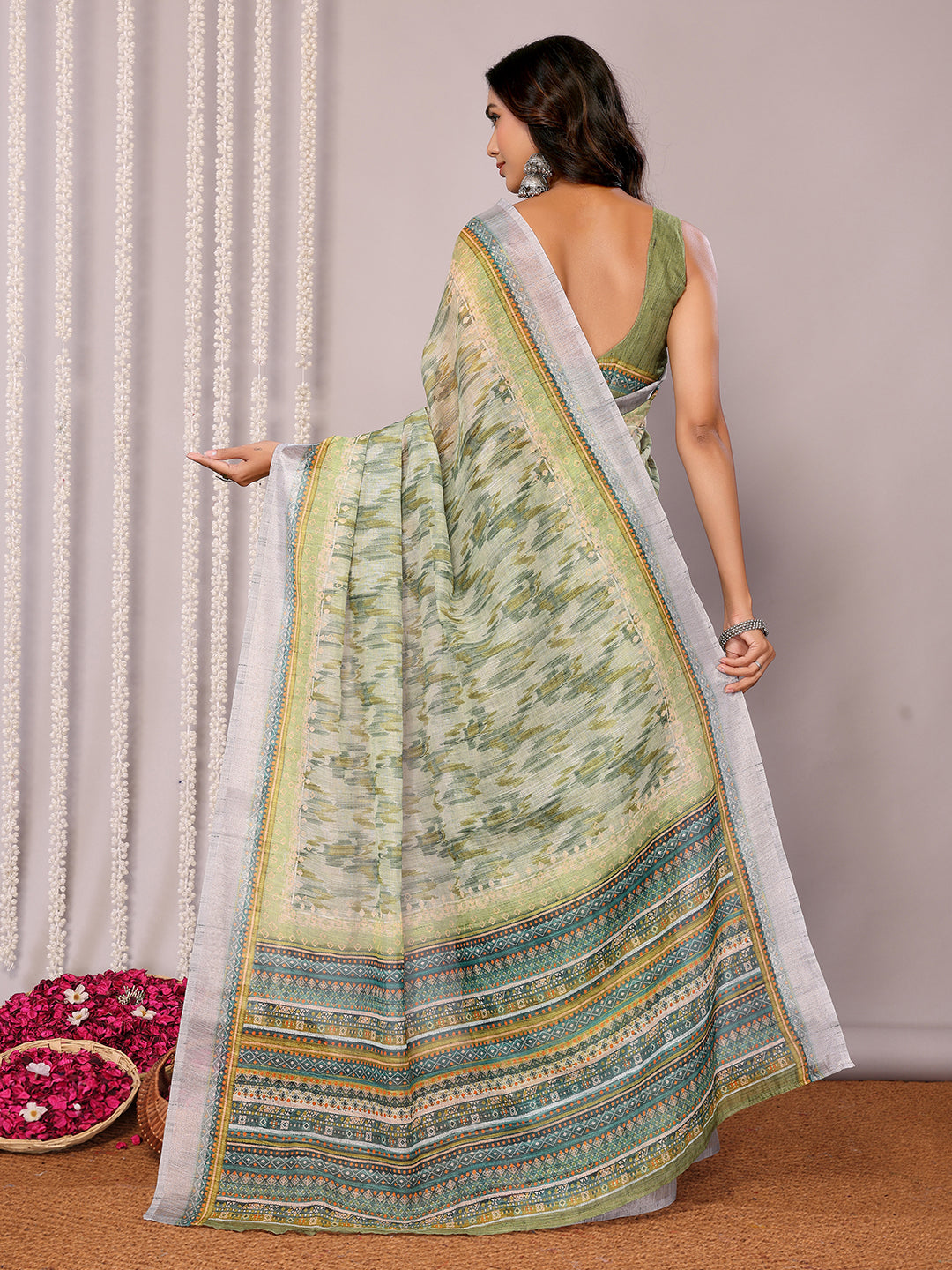 Janasya Sage Green Cotton Linen Abstract Printed Saree