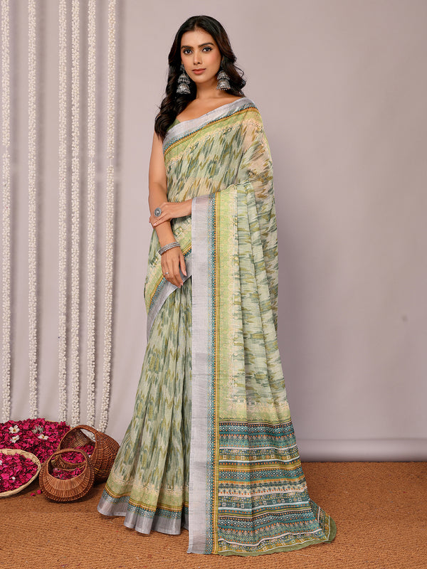 Janasya Sage Green Cotton Linen Abstract Printed Saree