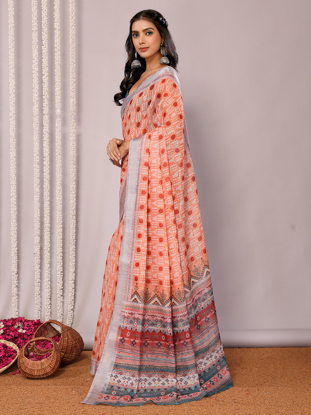 Janasya Orange Cotton Linen Block Print Printed Saree