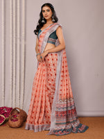 Thumbnail for Janasya Orange Cotton Linen Block Print Printed Saree