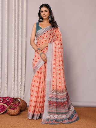 Janasya Orange Cotton Linen Block Print Printed Saree