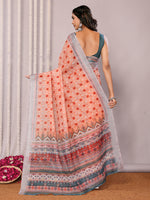 Thumbnail for Janasya Orange Cotton Linen Block Print Printed Saree