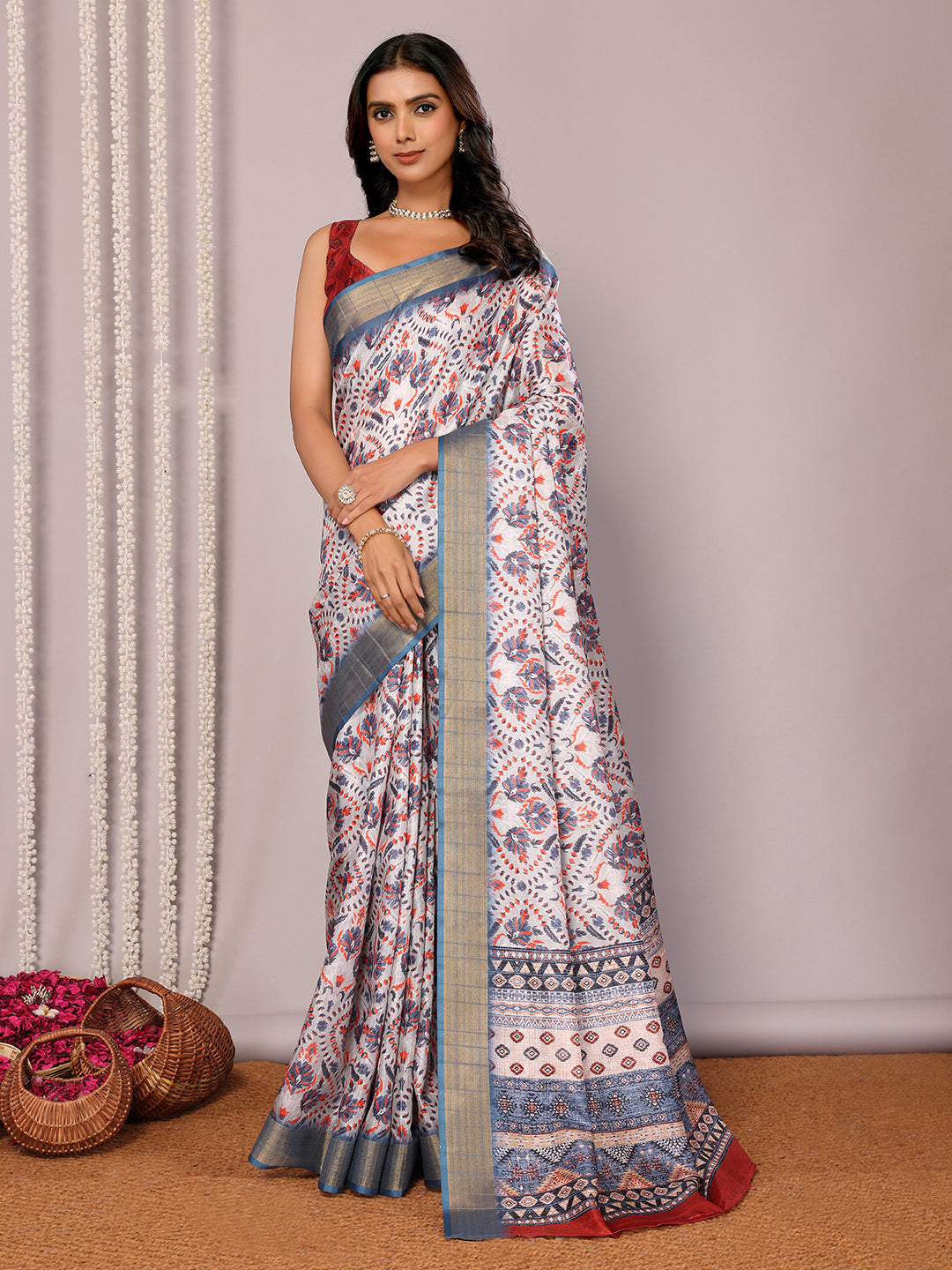 Janasya Light Blue Chanderi Silk Ethnic Print Printed Saree