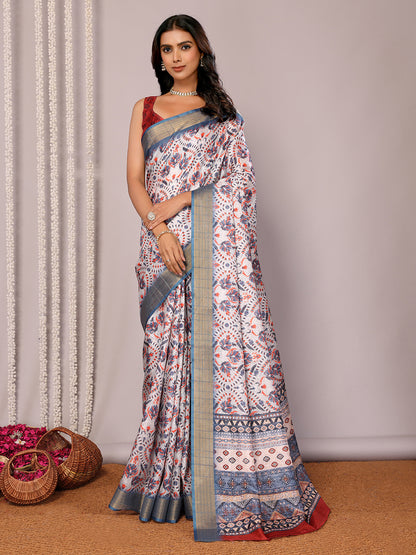 Janasya Light Blue Chanderi Silk Ethnic Print Printed Saree - Distacart
