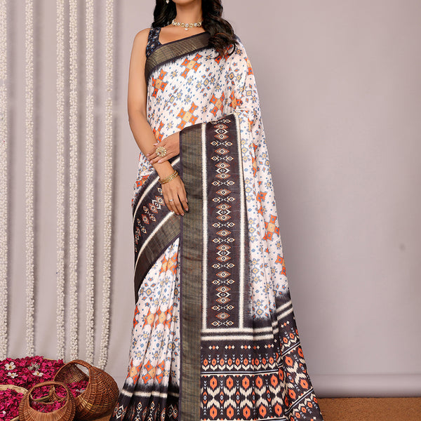 Janasya White & Black Chanderi Silk Ikkat Printed Saree
