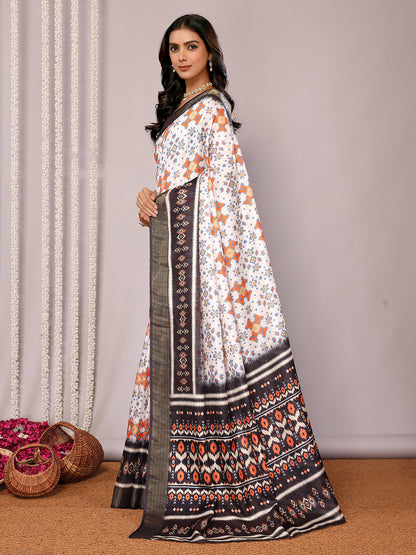 Janasya White & Black Chanderi Silk Ikkat Printed Saree - Distacart